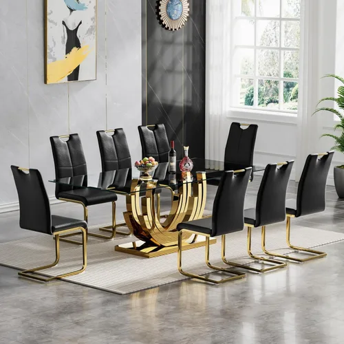Miniatura 18 de Juego de mesa de comedor de cristal dorado moderno de 70 pulgadas para 4, juego de mesa rectangular de 5 piezas con base de acero en forma de anillo