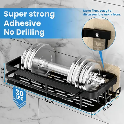 Miniatura 3 de Paquete de 2 organizadores de ducha adhesivos, estantes de ducha de aluminio negro inoxidable con barras de toalla y ganchos, organizadores de baño