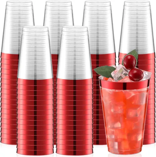 Miniatura 8 de Zubebe 100 vasos de plástico con borde de 14 onzas, vasos de vino desechables transparentes duros con borde, elegantes vasos de cóctel desechables