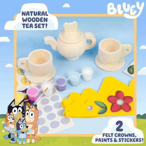 Miniatura 3 de Juego de té Bluey Paint & Play, juego de madera de 6 piezas, personalizable con pintura y calcomanías, 2 coronas portátiles, juguetes divertidos