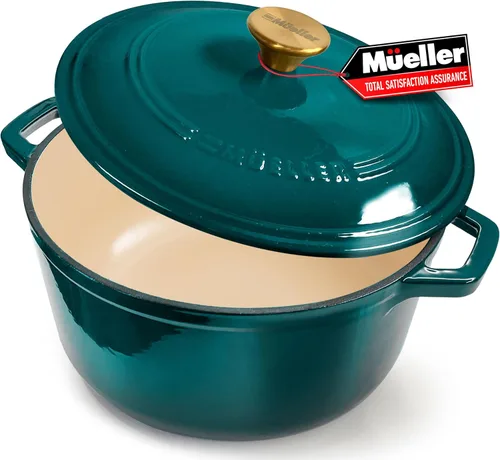 Miniatura 18 de MÜELLERHOME Horno holandés de hierro fundido esmaltado, 6 cuartos de galón, resistente, cazuela con tapa y perilla de acero inoxidable, para todas