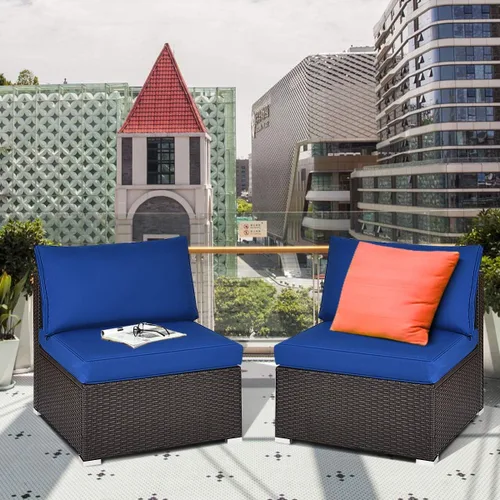 Miniatura 2 de COSTWAY Juego de 2 sofás de ratán de polietileno sin brazos, sillas de mimbre para patio con cojín suave, muebles seccionales al aire libre