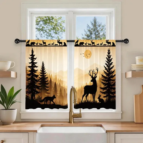 Miniatura 15 de Barn Door Printed Polyester Short Kitchen Curtains 27.5" W x 36" L, Rod Pocket Rustic Wood Door Curtains, Small Decorative Window Curtains for