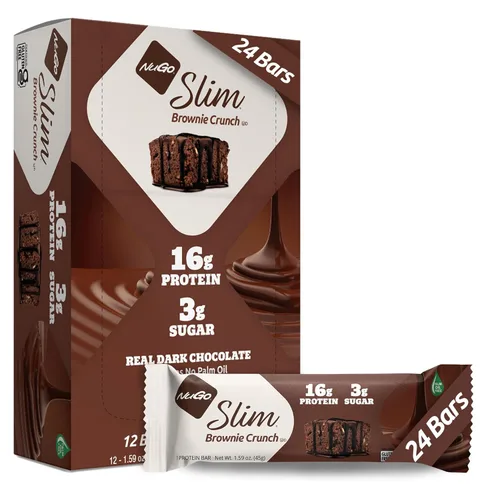 Nugo Brownie crujiente de chocolate oscuro delgado, 0.63 onzas de proteína, 0.07 onzas de azúcar, 0.17 onzas de fibra, bajo en carbohidratos netos,