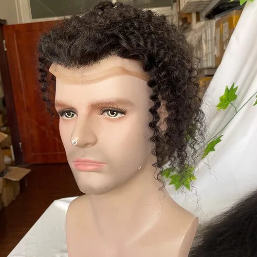 Miniatura 2 de Voloria Reemplazo de cabello humano rizado rizado de 12 pulgadas para hombres, encaje mono y poliuretano alrededor con encaje suizo frontal de 10 x
