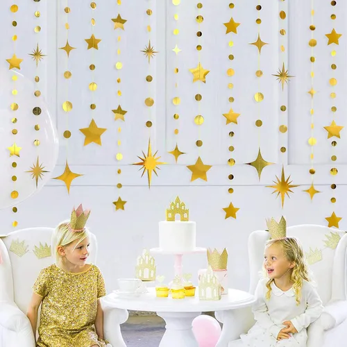 Miniatura 4 de Guirnalda de papel dorada para decoración de fiesta con estrellas, círculos y puntos, papel brillante, banderines, serpentinas metálicas