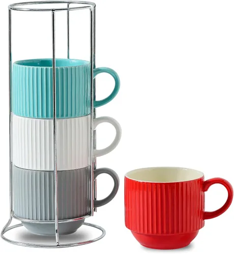 Miniatura 10 de Hasense Juego de tazas de café, juego de 4 tazas de té apilables con soporte - Juego de tazas grandes de cerámica acanaladas de 15 onzas para latte