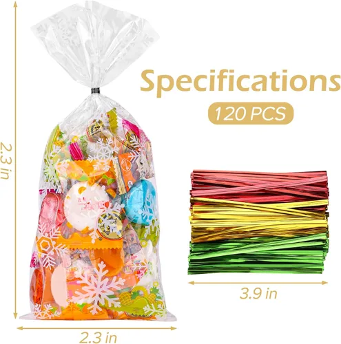 Miniatura 2 de FUSHENMU 120 bolsas de caramelo de celofán de copo de nieve, bolsas de celofán transparentes de Navidad con lazos giratorios para Navidad, fiestas