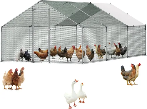 Miniatura 19 de VEVOR Gallinero de metal grande con paso, 13.1 x 9.8 x 6.5 pies para patio con cubierta impermeable, jaula grande para aves de corral