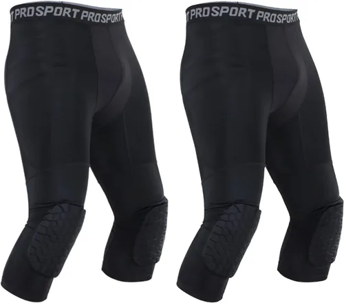 Miniatura 6 de Paquete de 2 pantalones de baloncesto para hombre con rodilleras 3/4 capri acolchadas, mallas de compresión deportivas, capa base atlética