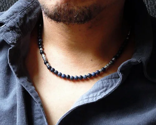 Miniatura 19 de Mami's Gem Studio Collar de cuentas para hombre, hecho a mano en Estados Unidos, piedras preciosas de 0.236 pulgadas y peltre estilo tribal