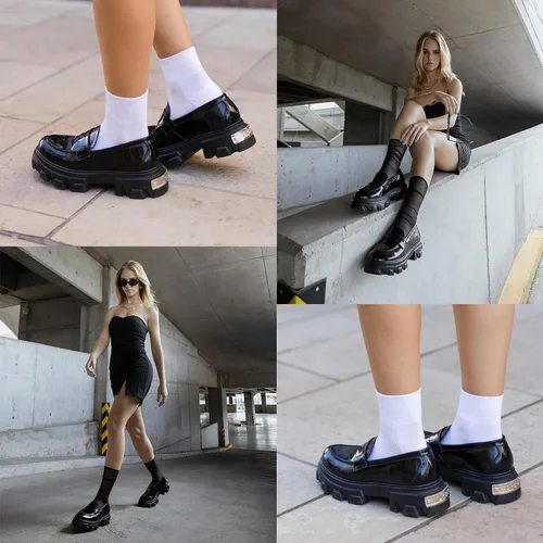 Miniatura 6 de URBN KICKS - Mocasines lisos, mocasines negros para mujer, punta redonda, 100% piel auténtica, suela gruesa Superlite