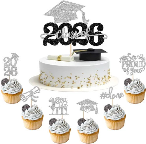 Miniatura 14 de Paquete de 24 adornos para cupcakes de clase 2025 con purpurina 2025 para diploma de graduación 2025 para cupcakes temáticos de graduación 2025
