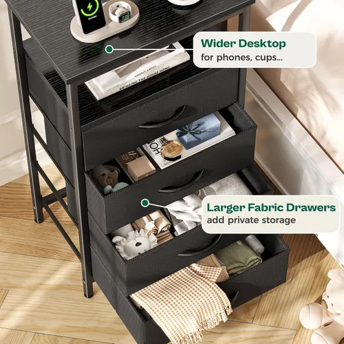 Miniatura 7 de Huuger - Mesita de noche con estación de carga y luces LED, mesita de noche de 4 cajones, mesa auxiliar con estante abierto, mesa de cabecera, Negro