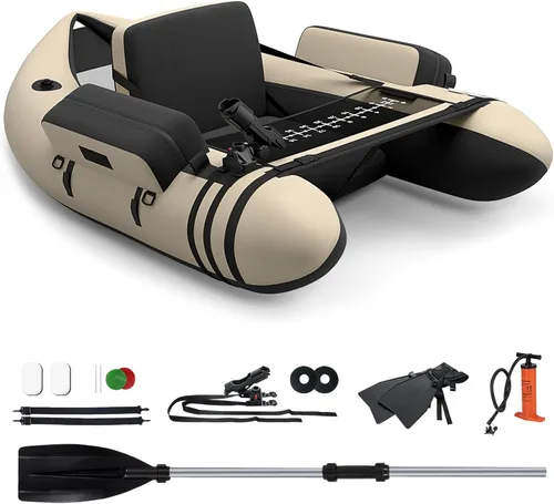 GYMAX Tubo flotador de pesca, barco de pesca inflable de 350 libras con paleta, bomba, aletas, estatores de anzuelos, regla de pescado, bolsillos de