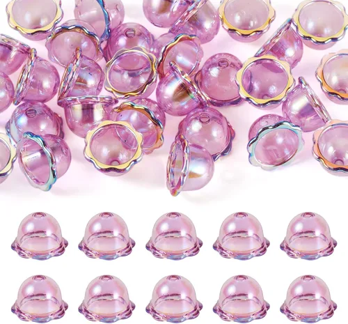 Miniatura 35 de FASHEWELRY 10 piezas Tapas de Flores de Vidrio Hechas a Mano Cuentas Florales de Cristal Transparentes en Forma de Trompeta Espaciadores de Flores a