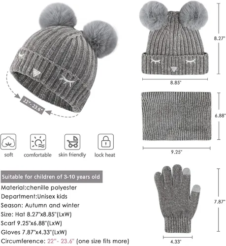 Miniatura 2 de Toddler Boys Girls Winter Warm Knit Beanie Hat Neck Scarf Touchscreen Gloves with Fleece Lined Cap for 3-10 Year Kid Gifts