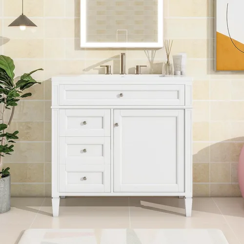 Miniatura 15 de Virubi Tocador de baño de 30 pulgadas con fregadero de cerámica, armario de almacenamiento independiente moderno con 1 puerta, 2 cajones y cajón Azul