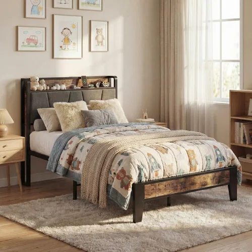 Miniatura 50 de LIKIMIO Base de cama Queen, cabecera de almacenamiento con estación de carga, sólida y estable, sin ruido, no necesita somier, fácil montaje Vintage