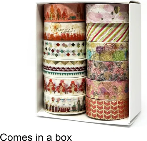 Miniatura 5 de allydrew Elegante caja de cinta washi de lámina dorada para artes y manualidades, álbumes de recortes, papelería, diario (12 rollos), festival rosa