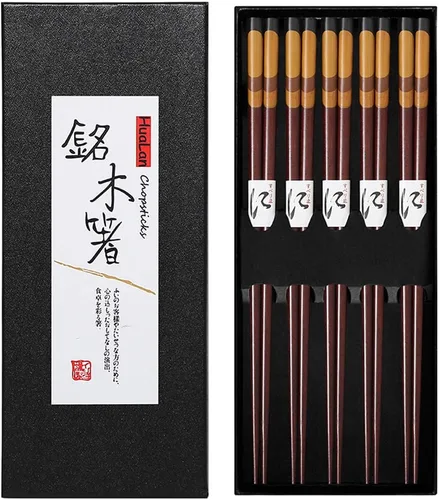 Juego de palillos japoneses de madera natural, reutilizables, estilo clásico, palillos antideslizantes, diseño antideslizante, juego de regalo de 5