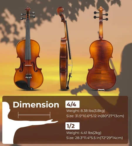 Miniatura 5 de Vangoa Kit de violín acústico 1/2, violín profesional de madera maciza, tapa de abeto, patrón único de madera de arce a juego, ajuste de ébano