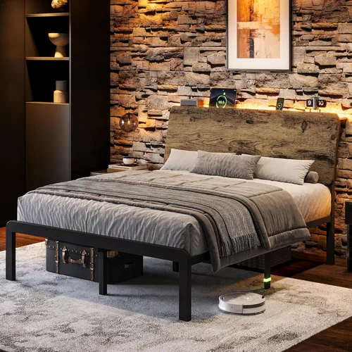Einhomn Base de cama Queen con cabecera de almacenamiento ergonómico, marco de cama LED con estación de carga, almacenamiento debajo de la cama de