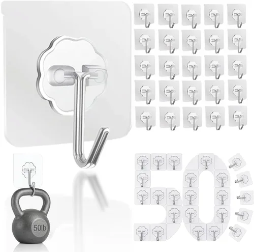 DDMY Ganchos para colgar, paquete de 50 ganchos de pared de 50 libras (máx.), transparentes, reutilizables, impermeables, ganchos adhesivos para
