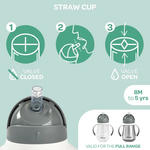 Miniatura 6 de BEABA - Vaso para sorber con popote de acero inoxidable, vasos aislados a prueba de derrames con asas extraíbles, fabricado con acero inoxidable