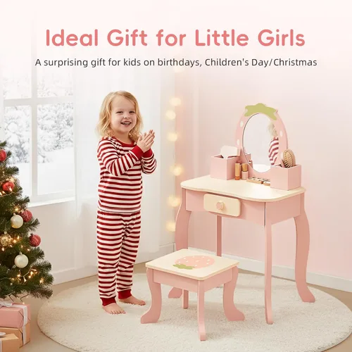 Miniatura 8 de OOOK Tocador para niños de 3 años, tocador de juguete para niños con accesorios de maquillaje, mesa de maquillaje para niños con cajón, color rosa