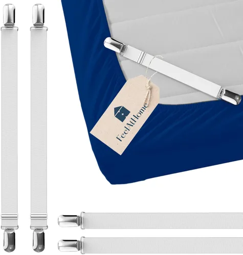 FeelAtHome 4 piezas de clips para sábanas mantienen las sábanas en su lugar - Bandas de esquina y tirantes para sábanas ajustadas - Correas de Blanco