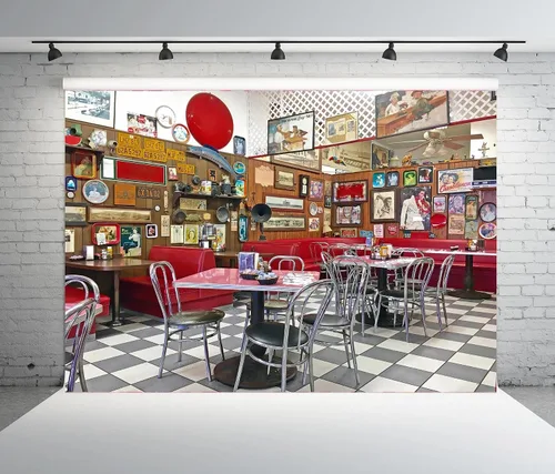 Miniatura 4 de BELECO Telón de fondo retro de tela de 5 x 3 pies para restaurante clásico de los años 50, tienda de refrescos, hora de comida, comedor local