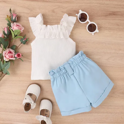 Miniatura 100 de TheFound Trajes de verano para niñas pequeñas, sin mangas, de punto acanalado, halter, pantalones cortos, ropa para recién nacidos, conjunto de 3
