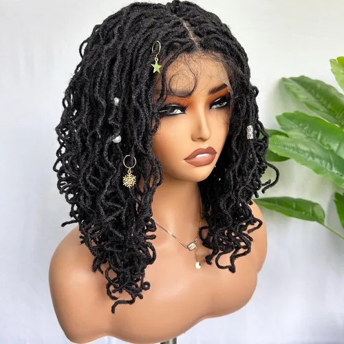 Miniatura 9 de SOKU Peluca de Encaje Frontal con Locs Falsos Cortos y Rizados de 12 Pulgadas Negro Natural 4x4 Espacio de Separación Grande Pelucas de Rastas