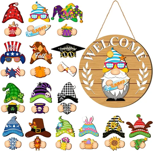 Miniatura 25 de Qunclay 31 piezas 3D de grano natural intercambiable de madera gnomo para puerta, decoraciones navideñas de gnomo con piezas magnéticas y sombreros