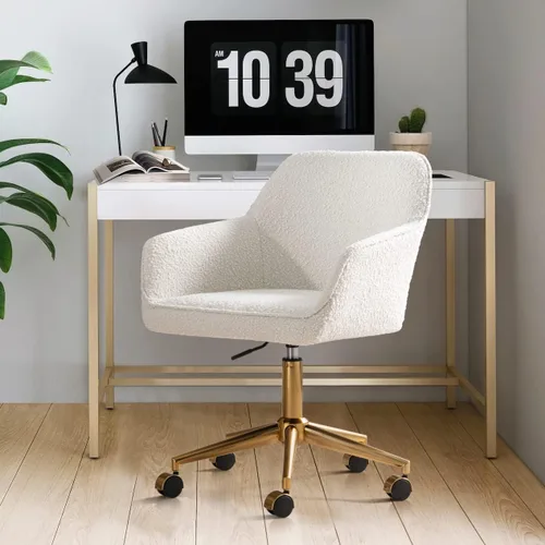 Zesthouse Silla de escritorio moderna con ruedas, silla giratoria blanca para niñas y mujeres, silla tapizada para oficina en casa, sillón Boucle