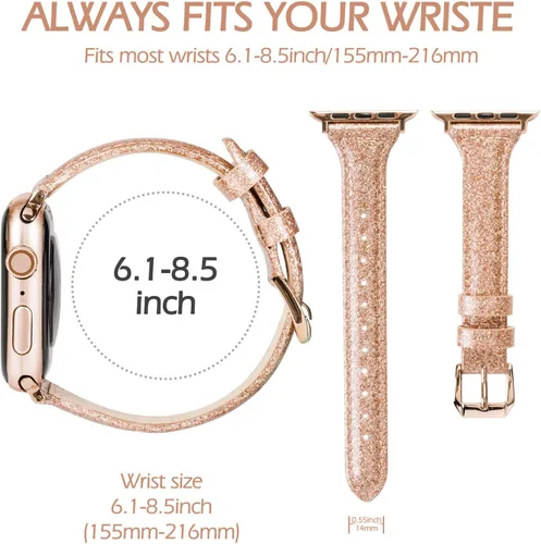 Miniatura 7 de Wearlizer - Correa de repuesto de piel fina con purpurina compatible con correas de Apple Watch de 1.496 in, 1.575 in, 1.654 in, 1.732 in