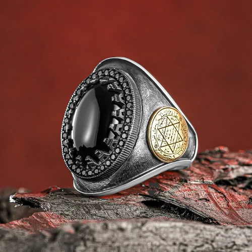 Miniatura 2 de Anillo de plata de ley 925 maciza con sello de Salomón con piedra de ónix