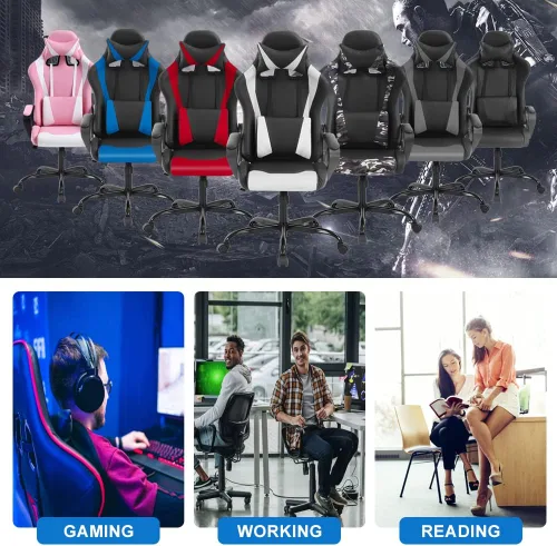 Miniatura 3 de Silla ergonómica para videojuegos, silla de oficina de piel sintética con respaldo alto y soporte lumbar ajustable y reposacabezas - Silla giratoria