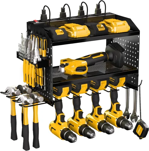 Organizador de herramientas eléctricas con estación de carga, estante modular de montaje en pared resistente para garaje y organización de Negro