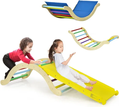 Costzon Juguetes de escalada para niños pequeños, estructura de escalera Montessori de madera 3 en 1 con rampa de escalada en roca/acolchado, juego