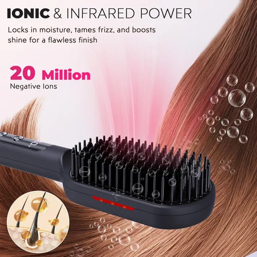 Miniatura 3 de LANVIER Cepillo alisador de pelo, cepillo de alisado iónico con infrarrojos, peine de alisado térmico de placa ancha con iones negativos, 32 Negro