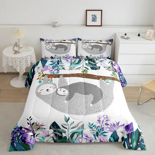 Erosebridal Juego de edredón de perezoso tamaño individual, bonito edredón de plumón de perezoso en árbol para niños y niñas, juego de ropa de cama