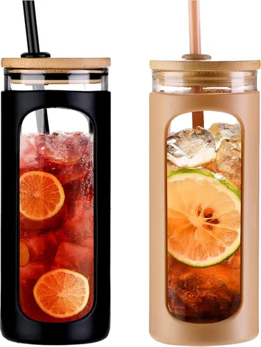 Miniatura 22 de Kodrine Vaso para agua de vidrio de 20 onzas con popote y tapa, botella de agua con tapas de bambú, taza para café helado, reutilizable, boca ancha