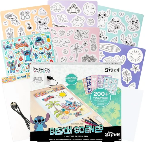 Miniatura 2 de Fashion Angels Disney Stitch Beach Scenes - Bloc de dibujo iluminado, kit de diseño con almohadilla de rastreo iluminada, 5 adhesivos de vinilo
