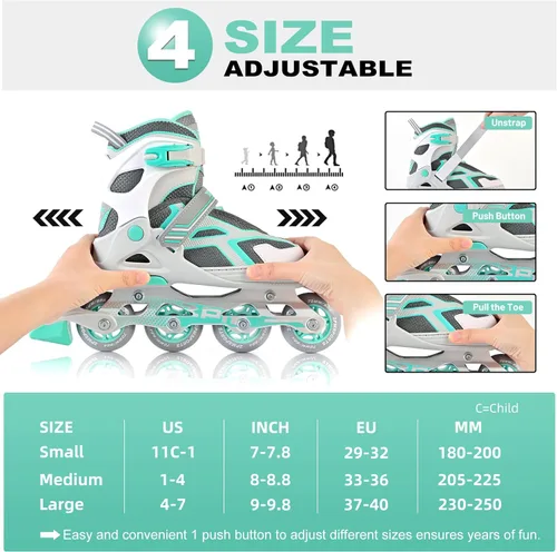 Miniatura 4 de 2PM SPORTS - Patines en línea ajustables Torinx verde para niños, patines divertidos para principiantes para niños, jóvenes, niñas, hombres