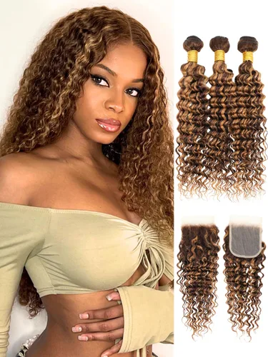Miniatura 38 de P4/27 Cabello Humano Solitario de Onda Profunda con Reflejos Rubios Miel, 12A 100% Tejido Brasileño Virgen Ondulado Grueso con Mechas Ombre Marrón