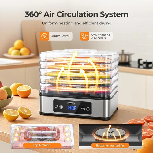 Miniatura 2 de OSTBA Deshidratador de alimentos, 5 bandejas de acero inoxidable, secado potente de 400 W, temporizador de 48 horas y control de temperatura de 95 a