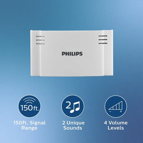Miniatura 2 de Kit de timbre inalámbrico Philips, receptor operado por batería, 1 botón, 2 melodías, 4 niveles de volumen, rango de 150 pies, color blanco