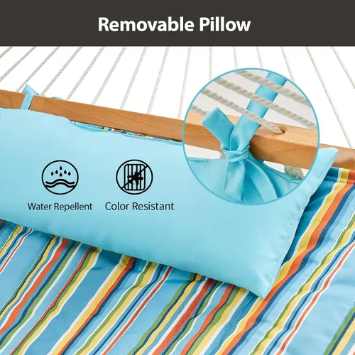 Miniatura 7 de CHULIM Hamaca doble para exteriores con barras de soporte de madera dura, gran hamaca de cuerda con almohada de poliéster y cojín, capacidad de 224